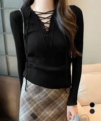 Vネックレースアップ 薄手長袖 トップス