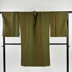 【美品】 道中着 身丈112cm 裄丈71cm L 和装コート 縦縞 地紋 茶緑色 正絹 逸品 【中古】
