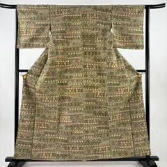 小紋 身丈159.5cm 裄丈64cm M 袷 花 幾何学模様 ベージュ 正絹 優品 【中古】