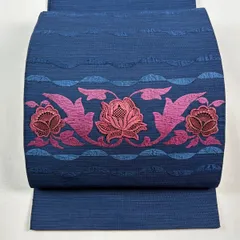 【美品】 名古屋帯 優品 八寸名古屋帯 トンネル仕立て 草花 刺繍 紺色 正絹 【中古】