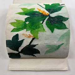 名古屋帯 優品 八寸名古屋帯 トンネル仕立て 草花 クリーム 正絹 【中古】