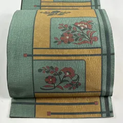 名古屋帯 優品 トンネル仕立て 草花 灰緑 正絹 【中古】
