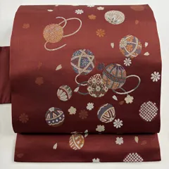 名古屋帯 秀品 手毬 桜 箔 唐織 えんじ色 正絹 【中古】