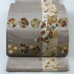 【美品】 袋帯 秀品 関西仕立て 花丸文 縞 金糸 箔 茶色 六通 正絹 【中古】