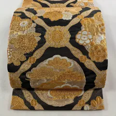 【美品】 袋帯 秀品 笠松 格天井 金銀糸 箔 黒灰 六通 正絹 【中古】