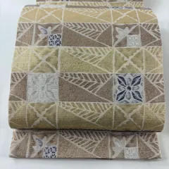 【美品】 袋帯 秀品 夏帯 格子 草花 金糸 箔 クリーム 六通 正絹 【中古】