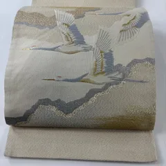 袋帯 秀品 関西仕立て 明綴 鶴 霞 金銀糸 プラチナ箔 ベージュ お太鼓柄 正絹 【中古】