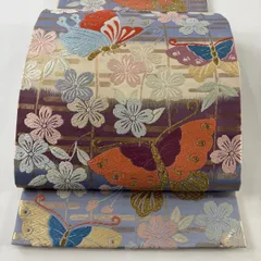 【美品】 袋帯 秀品 桜 蝶 金糸 唐織 ベージュ 六通 正絹 【中古】