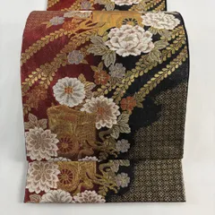 【美品】 袋帯 秀品 御所車 牡丹 箔 金糸 赤黒 六通 正絹 【中古】