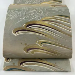 袋帯 秀品 秋草 波 箔 金糸 ベージュ 六通 正絹 【中古】