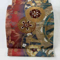 袋帯 秀品 源氏車 竹 箔 金糸 赤 六通 正絹 【中古】