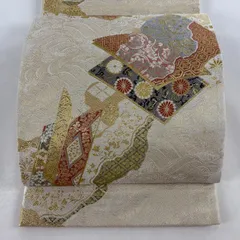 【美品】 袋帯 秀品 冊子 霞 金銀糸 箔 灰白 六通 正絹 【中古】