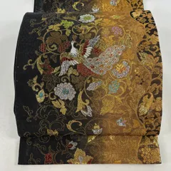 【美品】 袋帯 秀品 花唐草 鳥 金糸 箔 黒 六通 正絹 【中古】
