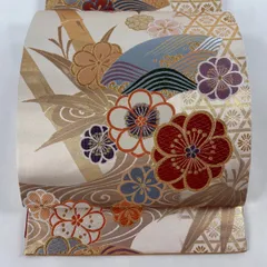 【美品】 袋帯 秀品 梅 流水 金糸 箔 ベージュ 六通 正絹 【中古】