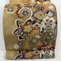 袋帯 秀品 振袖 桜 源氏車 金糸 箔 金色 六通 正絹 【中古】