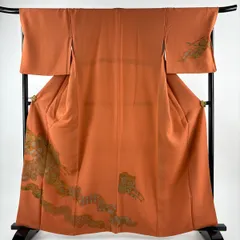 付下げ 身丈161.5cm 裄丈69cm L 袷 御所車 草花 刺繍 金彩 オレンジ 正絹 秀品 【中古】