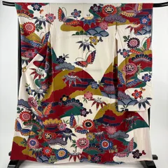 振袖 身丈165cm 裄丈69.5cm L 袷 落款 蝶 草花 クリーム 正絹 秀品 【中古】