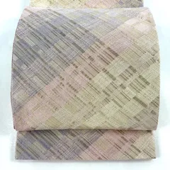 【美品】 袋帯 名品 斜め格子 金糸 箔 薄ピンク 全通 正絹 【中古】