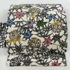 【美品】 名古屋帯 名品 落款 江戸紅型 雪輪 笹 クリーム 正絹 【中古】