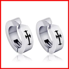 バネ式 男女兼用 スプリング ユニセックス メンズ レディース 挟むだけ ピアス フェイク ノンホール 簡単 リング フープ セット 装着 2個 両耳 銀 (A2. 黒 シルバー ブラック 十字架 イヤリング イヤーカフ フェイクピアス (シルバー)) (アロ