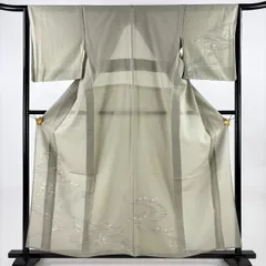 付下げ 身丈160cm 裄丈64cm M 薄物 流水 銀彩 灰緑 正絹 名品 一つ紋 【中古】