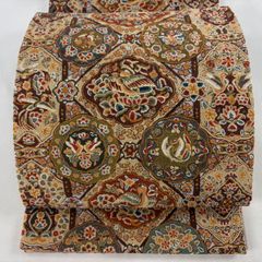 袋帯 逸品 山口美術織物 落款 関西仕立て 葡萄鏡文 浮線綾文 金糸 刺繍