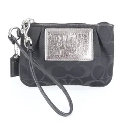 美品 コーチ シグネチャー キャンバス レザー ストラップ付 ポーチ アクセサリー メイク 小物入れ ブラック レディース RRE CJ6-8【中古】