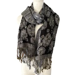 レディース 大判ストール ウール100 花柄 モノトーン エレガント フリンジ付き ボリューム満点