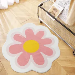 花形ラグ 小さめラグマット ピンクのヒナギク 丸 可愛 い 洗える絨毯 子供部屋 短い起毛 滑り止め付 抗菌 防臭 和風 玄関マット 寝室 直径80cm