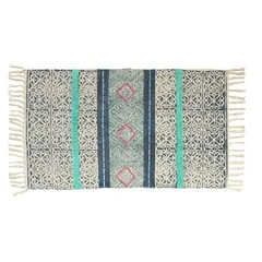 【TOMO CORPORATION】刺繍マット ガルファブリック 48×83cm フリンジ付き ラグ 玄関マット 室内 屋内 リビング インテリア アクセント 小さめ ﾌﾞﾙｰﾗｲﾝ ｲﾝﾄﾞ