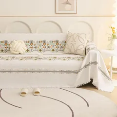 JEMAジェマ ソファーカバー 北欧風 マルチカバー テーブルクロス ソファカバー ベッドカバー 長方形 ブランケット 綿混 リバーシブル 毛布 無地 保護カバー 防塵 キズ防止 汚れ防止 洗える 四季通用 幾何系②・ワッフル柄 130×180cm(1-2人掛