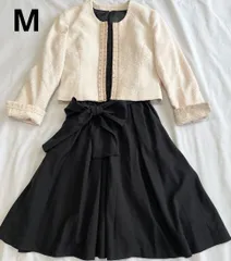 ルイルエブティック　M  ツイード ノーカラー ジャケット　ワンピース　ウエストリボン　アンサンブル　ライトベージュ　黒　ブラック　セレモニー スーツ　フォーマル