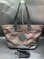 T363 キプリング KIPLING トートバッグ 2way ショルダーバッグ ナイロン レザー パイソン柄 ロゴ型押しワッペン ブラウン茶/レディース