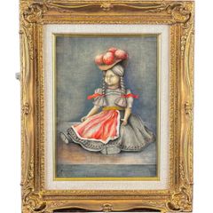 特大 紙風船とフランス人形 油絵 額縁 インテリア 絵画　北欧　ヨーロッパ 特大 紙風船とフランス人形 油絵 額縁 インテリア 絵画 北欧