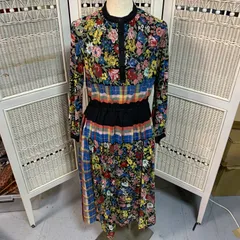 【美品】ボタニカルチェック　ロングワンピース　花柄　レトロ　古着　おしゃれ　かわいい