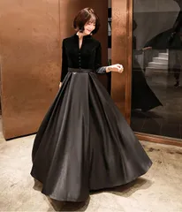 ★L ブラック ロングドレス パーティドレス ドレス 袖あり 長袖 ピアノ 発表会 演奏会 クラシカル シンプル 無地 ストリットネック 母親 結婚式 ワンピース ブラック Aラインドレス パーティードレス da043n1