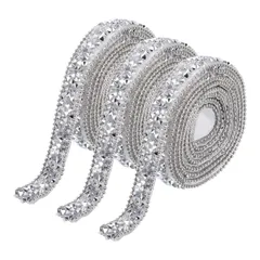 uxcell 3個セット 樹脂ラインストーン 3ヤード 自己接着シルバーダイヤモンドリボン ラインストーンストリップ テープ 衣料品 DIY クラフト用