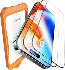 【全面保護 耐弾強化ガラス】UltraGlass iPhone 15 Pro Max 用 ガラスフィルム 自動吸塵ガイド枠 100%貼付成功 強化エッジ 高透過率 全面保護 硬度9H 耐衝撃 指紋防止 ガラスフィルム 6.7インチ (2枚)