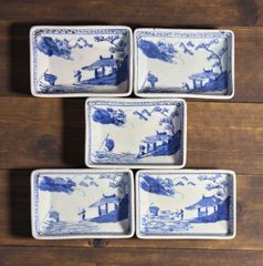 5客セット】 明治期 四角皿 山水風景図 染付 角皿 取り皿 飾り皿 和
