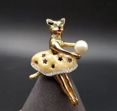 80's頃 Puccini 猫のバレリーナ 踊り子 ヴィンテージ ブローチ ゴールドトーン ラインストーン パール装飾 レトロ キュート Y23-F