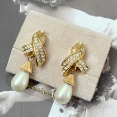 【極美品】クリスチャンディオール ピアス イヤリング ドロップパール調 ゴールド系 ブランド アクセサリー レディース Christian Dior Vintage Earrings Accessories Gold Rhinestone 22307