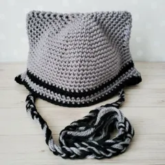 猫耳ニット帽　猫耳帽子　ハンドメイト　耳当て付き　バラクラバ　ビーニー　ネコ耳ニット帽　紐付き　手編み