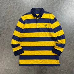 日本製 BURBERRY BLACK LABEL L/S Polo バーバリー ブラックレーベル 長袖 ポロシャツ ボーダー ホース刺繍 バイカラー ネイビー/イエロー メンズ 3 三陽商会 D1P27-316-64