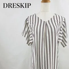 DRESKIP　ドレスキップ　L　白　ホワイト　大人上品　ストライプ　プルオーバー　カットソー　Vネック　フリル袖　半袖トップス 3266