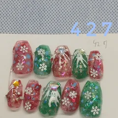 「赤×緑のクリスマスネイル＊雪の結晶＆星でツリー風デザイン」427