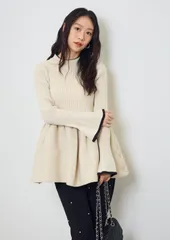 【新品】リブフレア配色スリーブペプラムニット ホワイト◾️Frene フラーネ