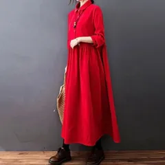 コーデュロイ XXLサイズ ロング フレア ワンピース 韓国 赤レッド