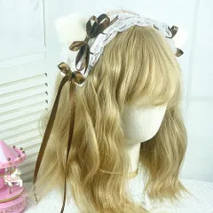 ヘッドドレス 猫耳 取外し リボン付き ヘアアクセサリー フリル レースフリル カチューシャコスプレ系 萌え系 お人形茶話会 パーティー コスプレ系 (コーヒー coffee) b-96