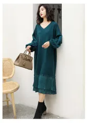 ニット ワンピース ニットワンピース レディース 秋冬 春 vネック 長袖 ブラック きれいめ 厚手 ゆったり 大きいサイズ マタニティ 裾 切り替え プリーツ ロング丈 ロングワンピース