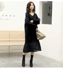 ニットワンピース ニット ワンピース レディース 秋冬 春 vネック 長袖 ブラック きれいめ 厚手 ゆったり 大きいサイズ マタニティ 裾 切り替え プリーツ ロング丈 ロングワンピース